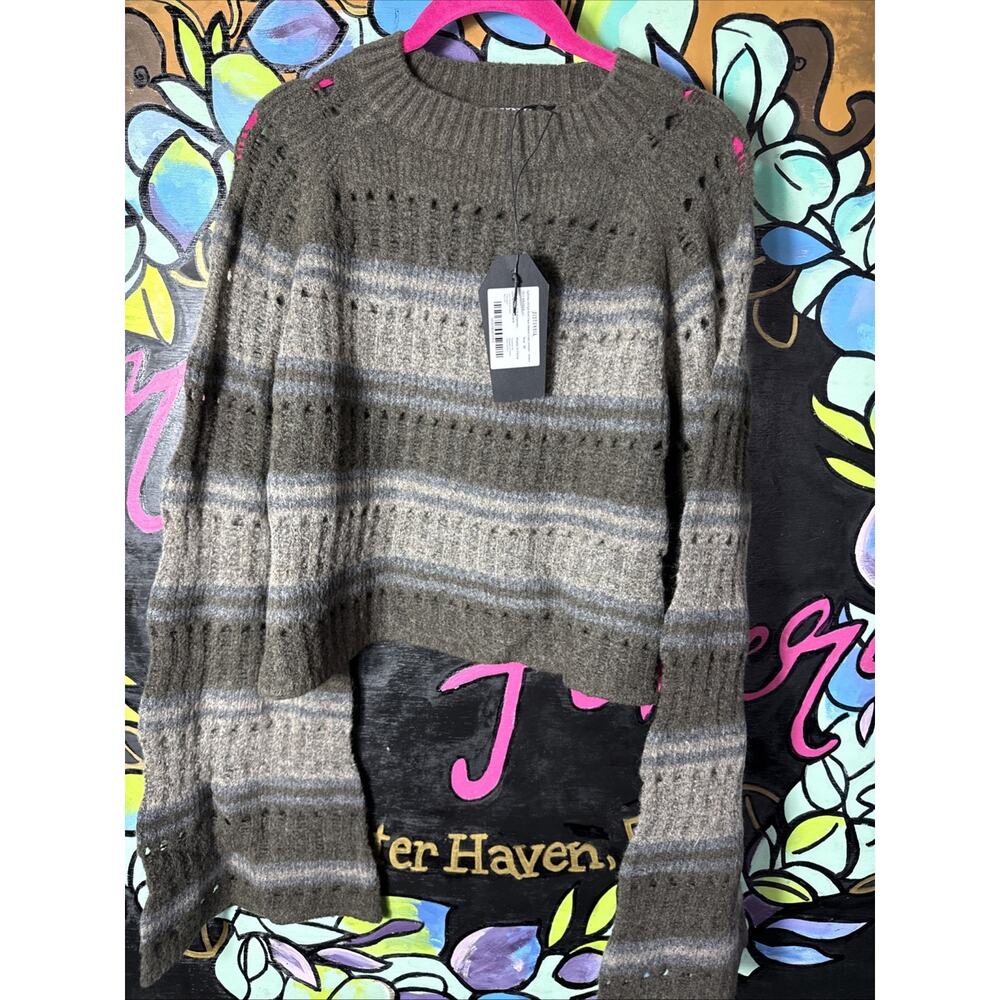 Disturbia Splinter Stripe Knit Flare Sleeve Crop Sweater, Green, Medium - Picture 2 of 6